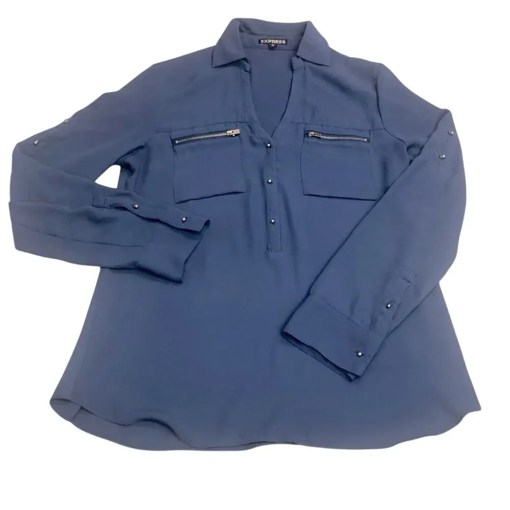 Express Blue Two Front Zip Pockets V Neck Breezy Popover Blouse Roll Tab Sleeve